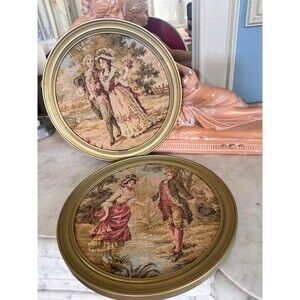 French Rococo Tapestry Wall Art - Set of 2 Gold Framed Pastoral Scenes